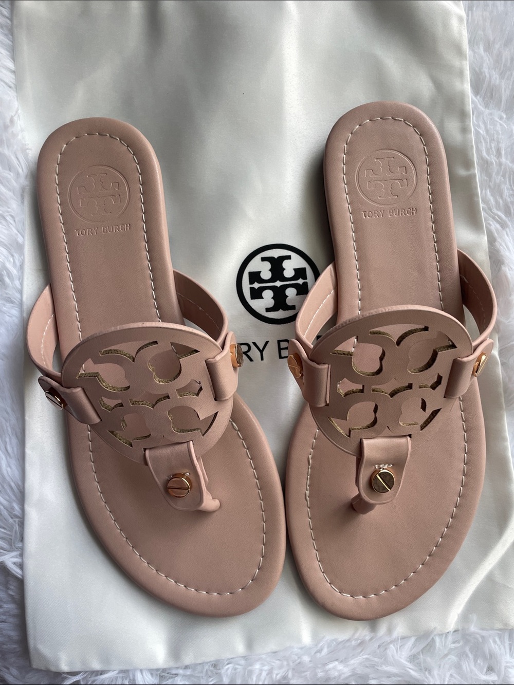 Tory Burch Nude Blush Miller Logo Toe-Post Sandals